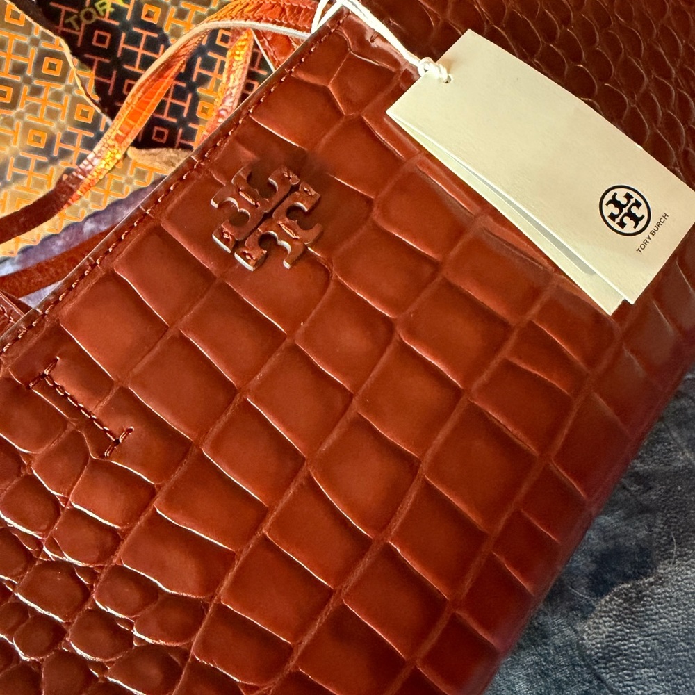 Tory Burch Cognac Croc Embossed Handbag - Picture 4 of 14